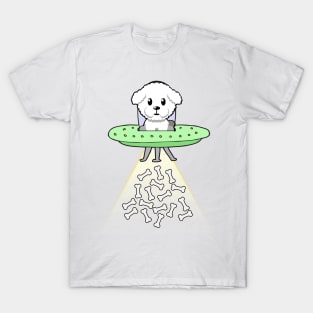 Funny furry dog is flying a ufo T-Shirt